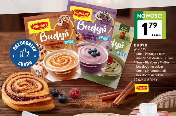 Budyń smak Cinnamon Roll bez dodatku cukru Winiary promocja w Intermarche