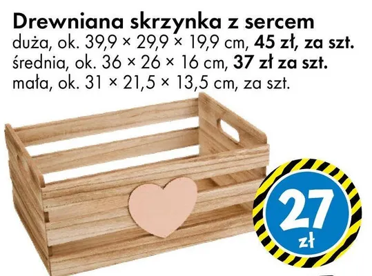 Drewniana skrzynka z sercem duża ok. 39,9 x 29,9 x 19,9 cm promocja w Tedi
