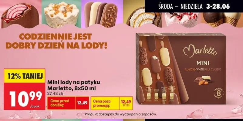 Mini lody na patyku Marletto 8-pak 50 ml promocja w Biedronka