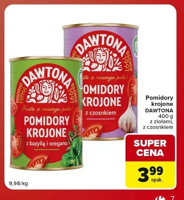 Pomidory krojone z czosnkiem Dawtona promocja w Carrefour Market