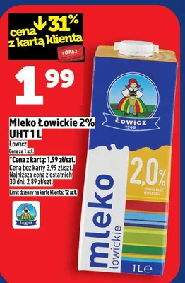 Mleko Łowickie 2% UHT 1L promocja w TOPAZ