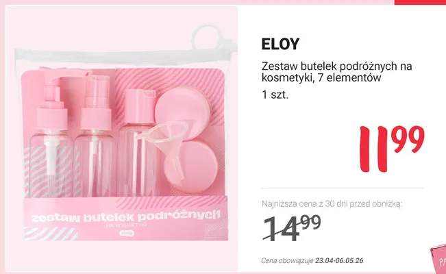 Zestaw butelek podróżnych na kosmetyki Eloy 7 elementów promocja w Rossmann
