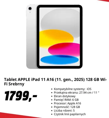 Tablet Apple iPad 11 128GB Wi-Fi Srebrny promocja w Media Markt