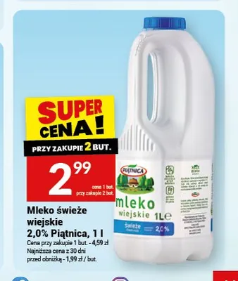 Mleko świeże wiejskie 2,0% Piątnica promocja w Twój Market
