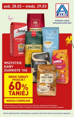 Wszystkie kawy ziarniste 1 kg DRUGA -605 promocja w Aldi