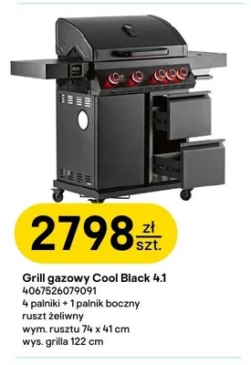 Grill gazowy Cool Black 4.1 4 palniki + 1 palnik boczny ruszt żeliwny wym. rusztu 74x41cm wys. grilla 122cm promocja w Castorama