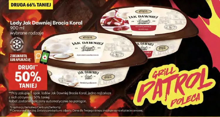 Lody Jak Dawniej Bracia Koral śmietankowa z wiśnią promocja w Delikatesy Centrum