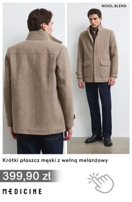 Krótki płaszcz męski z wełną melanżowy Medicine promocja w Medicine