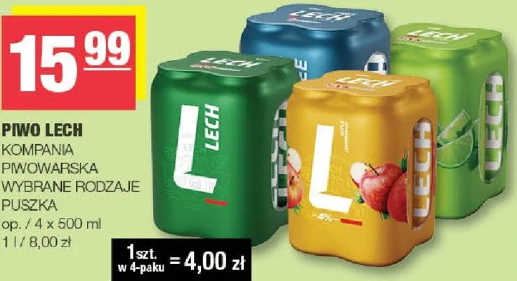 Piwo Lech Kompania Piwowarska puszka 4-pak promocja w SPAR