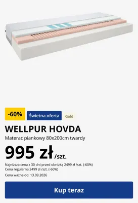 Materac piankowy Wellpur Hovda 80x200 cm twardy promocja w Jysk