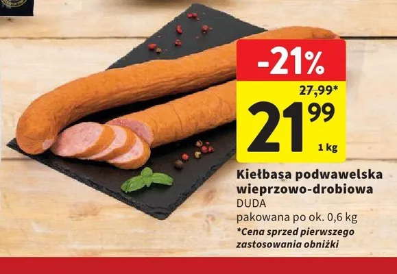 Kiełbasa podwawelska wieprzowo-drobiowa Duda promocja w Intermarche