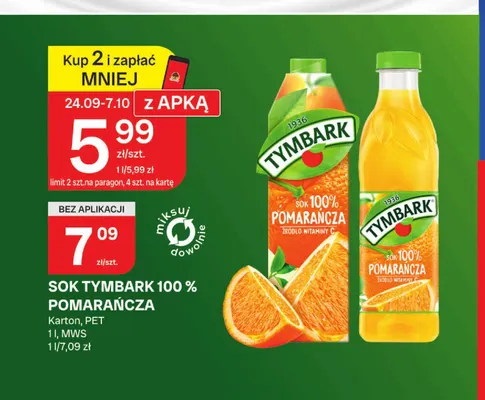 Sok Tymbark pomarańcza karton 100% promocja w Chorten