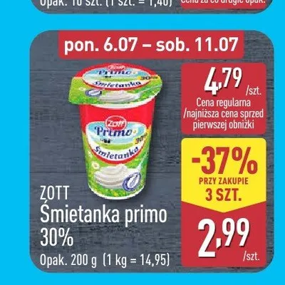 Śmietanka primo 30% Zott promocja w Aldi