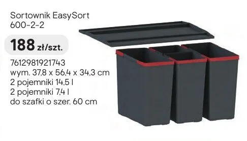 Sortownik EasySort 600-2-2 wym. 37,8x56,4x34,3cm 2 pojemniki 14,5l 2 pojemniki 7,4l do szafki o szer. 60cm promocja w Castorama