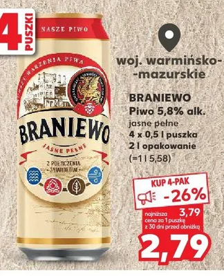 Piwo Braniewo jasne pełne 5,8% alk. promocja w Kaufland