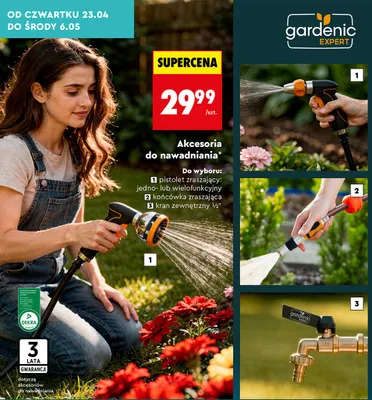 Akcesoria do nawadniania - pistolet zraszający jedno- lub wielofunkcyjny, końcówka zraszająca, kran zewnętrzny ½" promocja w Biedronka