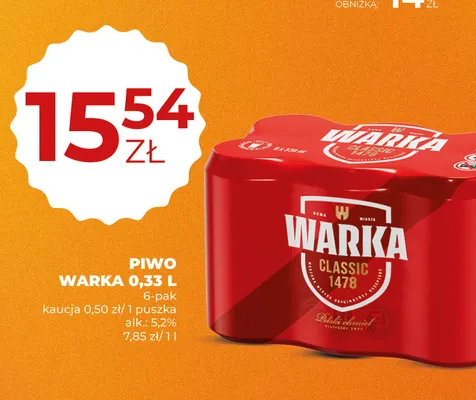 Piwo Warka 6-pak 0,33 l promocja w Duży Ben