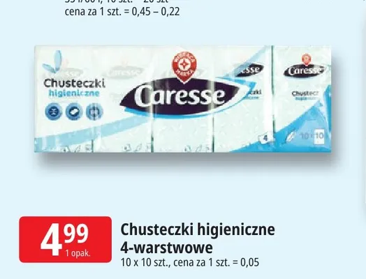 Chusteczki higieniczne 4-warstwowe Caresse promocja w Leclerc