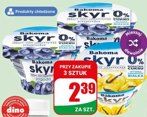 Jogurt skyr owocowy 0% cukru waniliowy Bakoma promocja w Dino