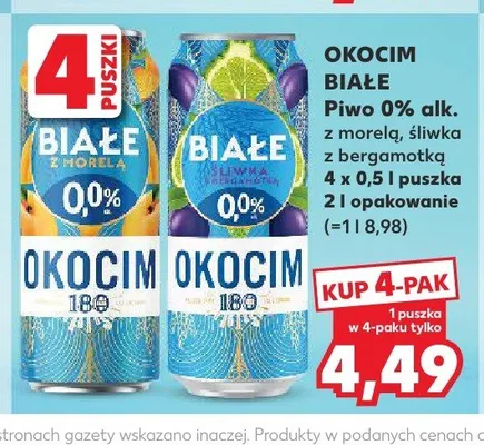 Piwo bezalkoholowe Okocim Białe z morelą 0% alk. 4-pak 0,5l promocja w Kaufland