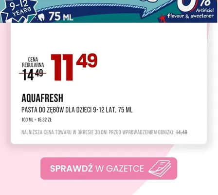 Pasta do zębów Aquafresh dla dzieci 9-12 lat promocja w Drogerie Natura