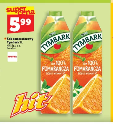 Sok pomarańczowy Tymbark 100% promocja w TOPAZ