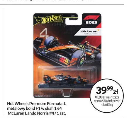 Model samochodu Hot Wheels Premium Formuła 1 McLaren Lando Norris #4 promocja w Empik