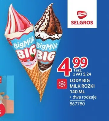 Lody Big Milk rożki promocja w Selgros
