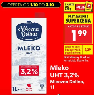 Mleko UHT Mleczna Dolina 3,2% promocja w Biedronka