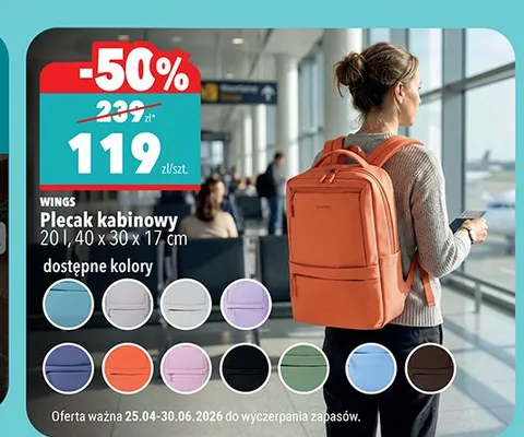 Plecak kabinowy 20l 40x30x17cm WINGS promocja w Biedronka