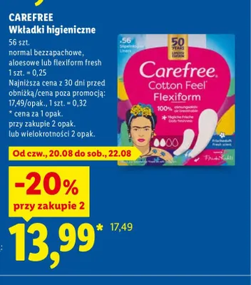 Wkładki higieniczne Carefree Cotton Feel Flexiform Fresh promocja w Lidl