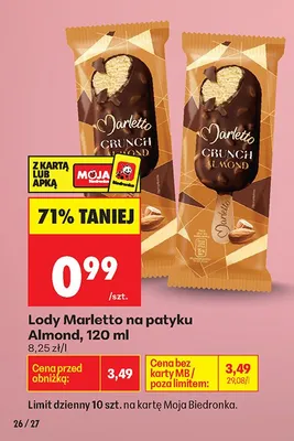 Lody Marletto na patyku Almond promocja w Biedronka