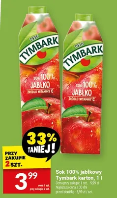 Sok 100% jabłkowy Tymbark karton promocja w Twój Market
