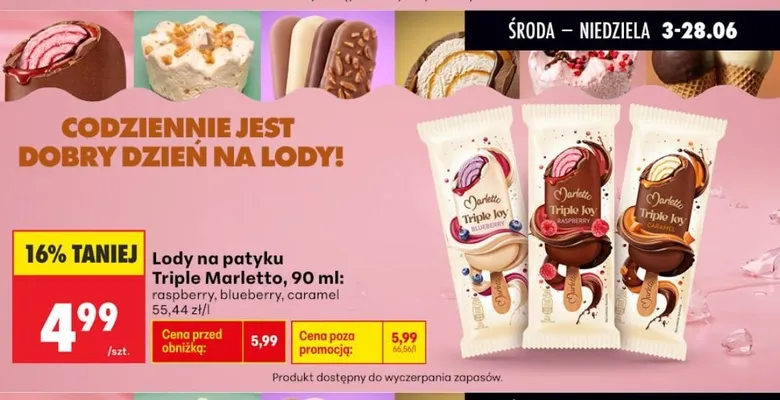 Lody na patyku Marletto Triple Joy raspberry promocja w Biedronka