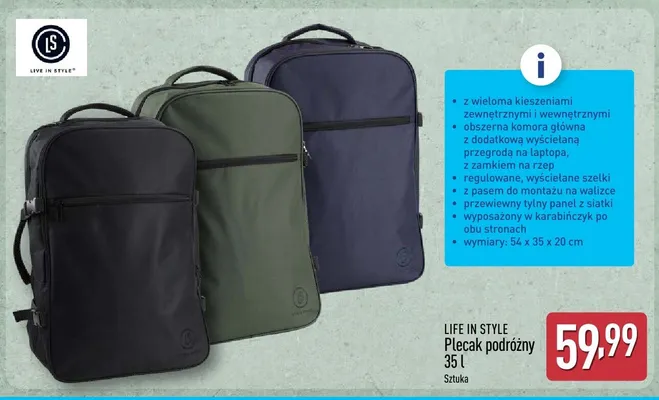 Plecak podróżny Live In Style 35l 54x35x20cm promocja w Aldi