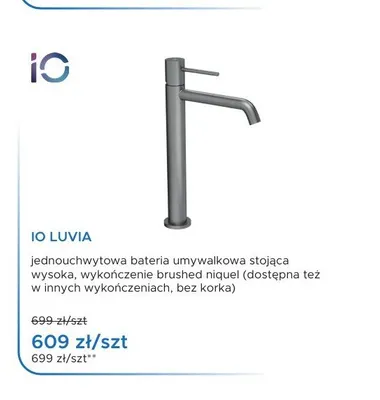 Bateria umywalkowa stojąca wysoka IO Luvia brushed niquel promocja w Blu Salony Łazienek
