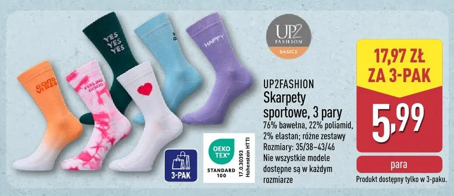 Skarpety sportowe UP2FASHION, 3 pary promocja w Aldi