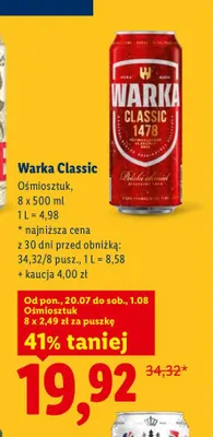 Piwo Warka Classic 8-pak promocja w Lidl