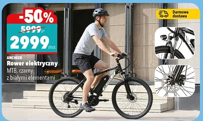 Rower elektryczny MTB, czarny z białymi elementami promocja w Biedronka