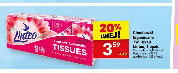 Chusteczki higieniczne 3W 10-pak Linteo promocja w Twój Market