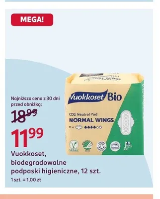 Podpaski higieniczne biodegradowalne Vuokkoset Bio Normal Wings promocja w Rossmann