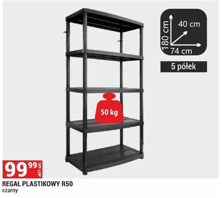 Regał plastikowy R50 czarny 180x74x40cm 5 półek promocja w Merkury Market