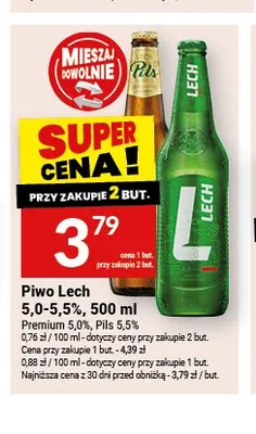 Piwo Lech 5,0-5,5% Pils 5,5% 500ml promocja w Twój Market