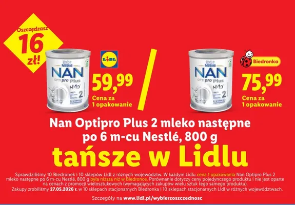 Mleko następne Nan Optipro Plus 2 po 6 m-cu Nestlé promocja w Lidl