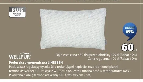 Poduszka ergonomiczna WELLPUR LIHESTEN 42x65x15 cm promocja w Jysk