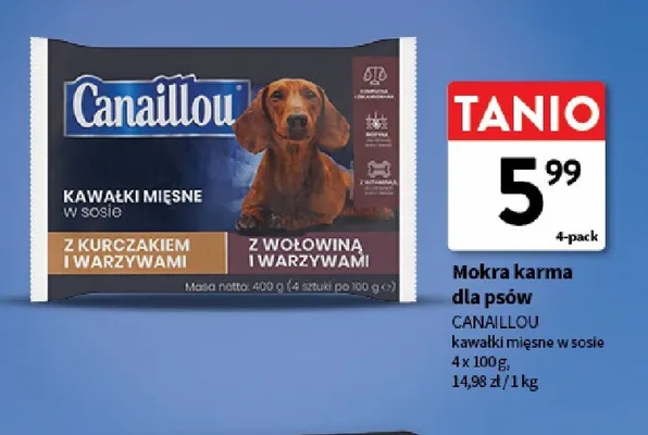 Mokra karma dla psów Canaillou kawałki mięsne w sosie z kurczakiem i warzywami 4-pak promocja w Intermarche
