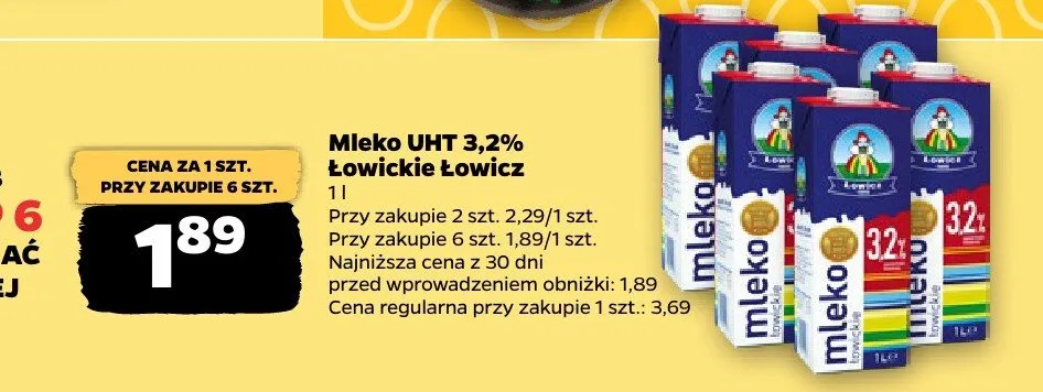 Mleko UHT 3,2% Łowickie (przy zakupie 6 szt.) Łowicz promocja w Netto