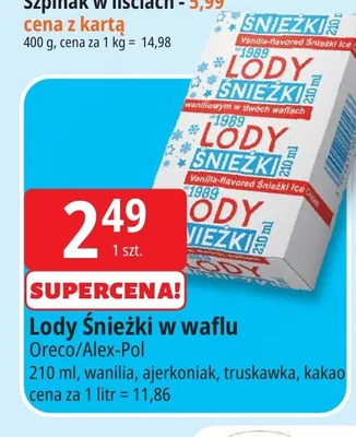 Lody Śnieżki w waflu kakaowe Oreco/Alex-Pol promocja w Leclerc