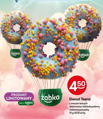 Donut Teenz z owoców leśnych dekorowany niebieską polewą i kolorową posypką promocja w Żabka