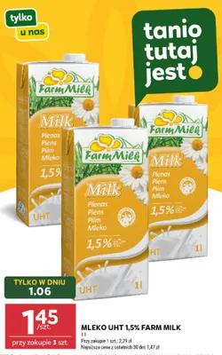 Mleko UHT 1,5% Farm Milk promocja w Stokrotka